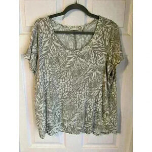 Christian Siriano Women's Top Plus Size 1X Green White Floral Short Sleeve Linen